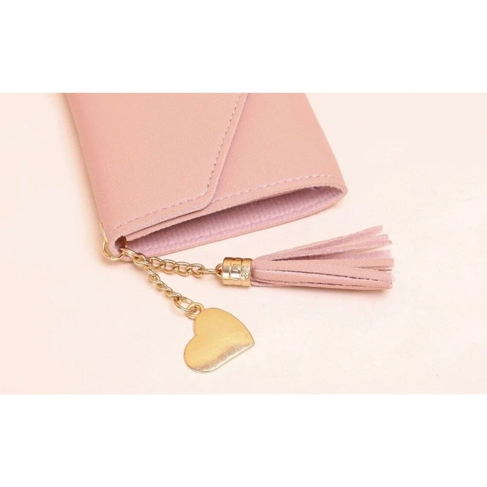 Womens Pink Trifold Wallet Faux Leather Card Holder Cash ID Heart Tassel